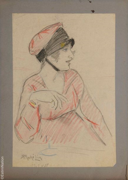 Artwork by Robert Mahelin, Elegant Girl in a Pink Dress, Made of Charcoal and pastel drawing