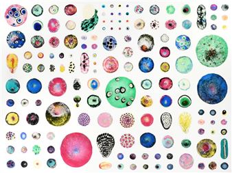 A colorful grid of abstract circular shapes resembling cells or planets.
