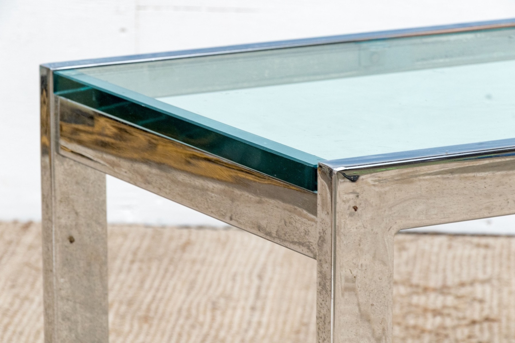 Artwork by Angelo Donghia, Yale Burge & Angelo Donghia Chic Chrome And Glass Side Table, Made of chrome and glass