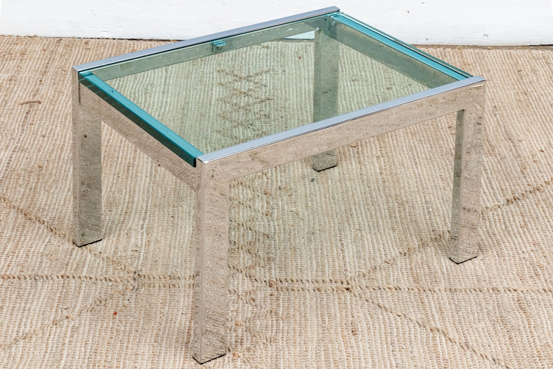 Artwork by Angelo Donghia, Yale Burge & Angelo Donghia Chic Chrome And Glass Side Table, Made of chrome and glass