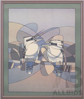 Garry Duncan, (20th Century, Australian, 1954-), Abstract Kookaburras (1991), Watercolour and Black Ink on Card, 51 x 43 cm (frame) - Garry Duncan