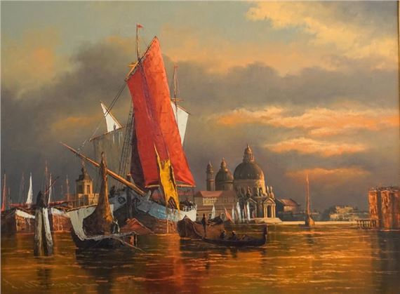 A dramatic maritime painting featuring a large sailing vessel with a vivid red sail navigating a canal toward a domed basilica under a moody, golden sky.
