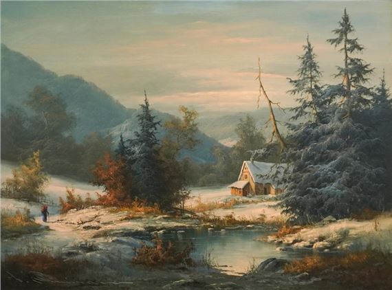 A serene winter landscape painting featuring a snow-covered cabin nestled among pine trees.