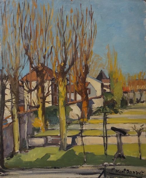 Artwork by Marcel Arnaut, Houses and gardens, Made of oil on canvas mounted on cardboard