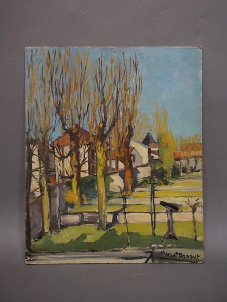 Artwork by Marcel Arnaut, Houses and gardens, Made of oil on canvas mounted on cardboard