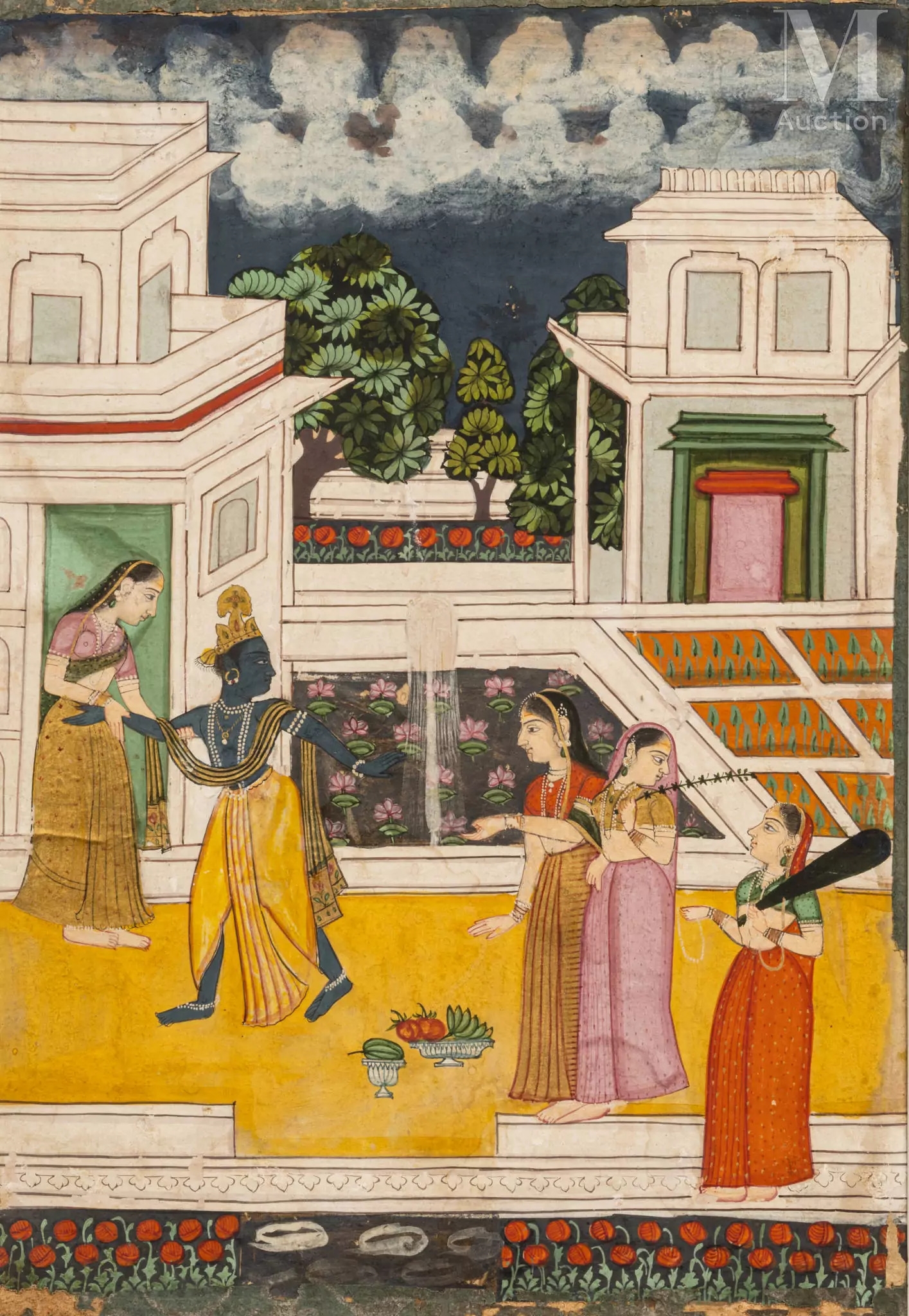 Artwork by Guler School, 19th Century, Visite nocturne de Krishna, Made of sur papier