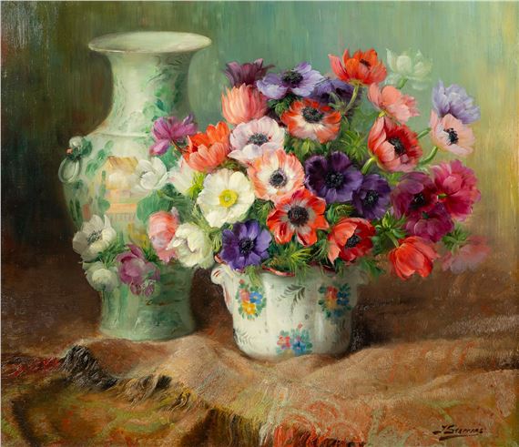 Julien Stappers (1875-1960) 'Anemones and Two Oriental Vases' (L:75 x H:65 cm by Julien Stappers