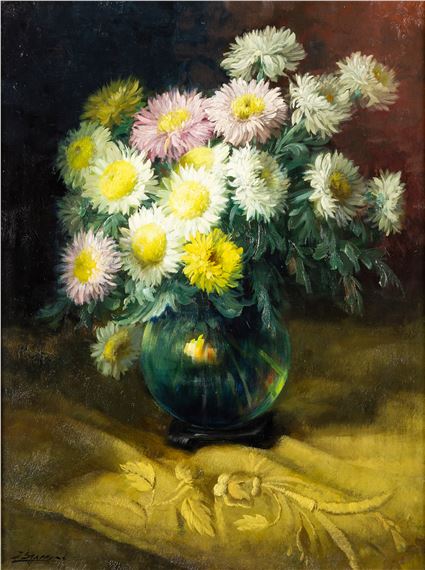 Julien Stappers (1875-1960) 'Bouquet of Flowers on a Golden Table Cloth' (L:60 x H:80 cm by Julien Stappers
