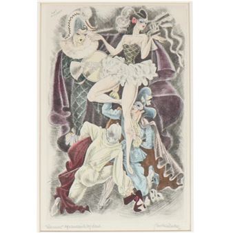 A dynamic composition of masked figures in theatrical costumes, rendered with expressive charcoal and pastel techniques.