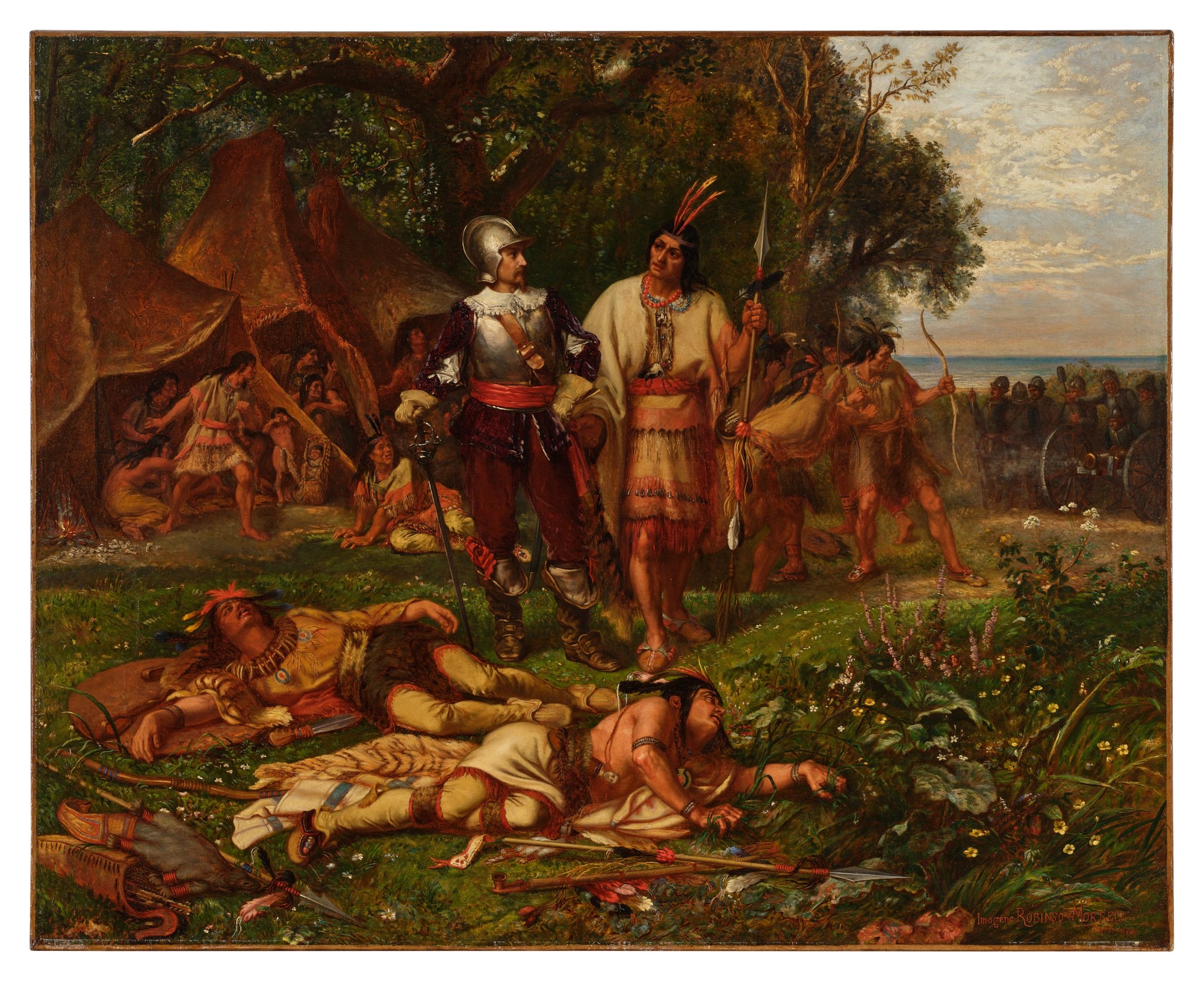 Artwork by Imogene Robinson Morrell, First Battle Between the Puritans and the Indians, Made of oil on canvas canvas