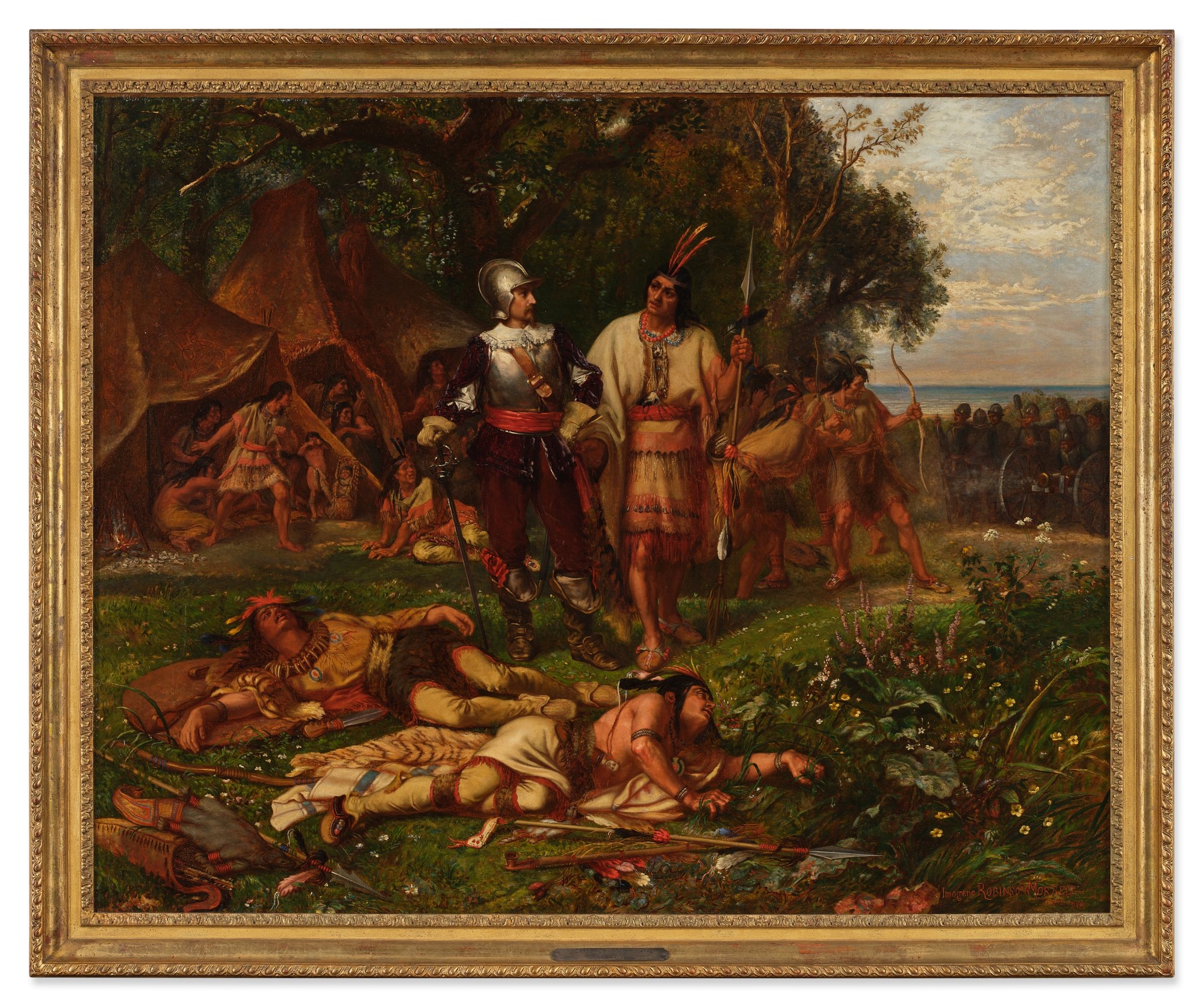 Artwork by Imogene Robinson Morrell, First Battle Between the Puritans and the Indians, Made of oil on canvas canvas