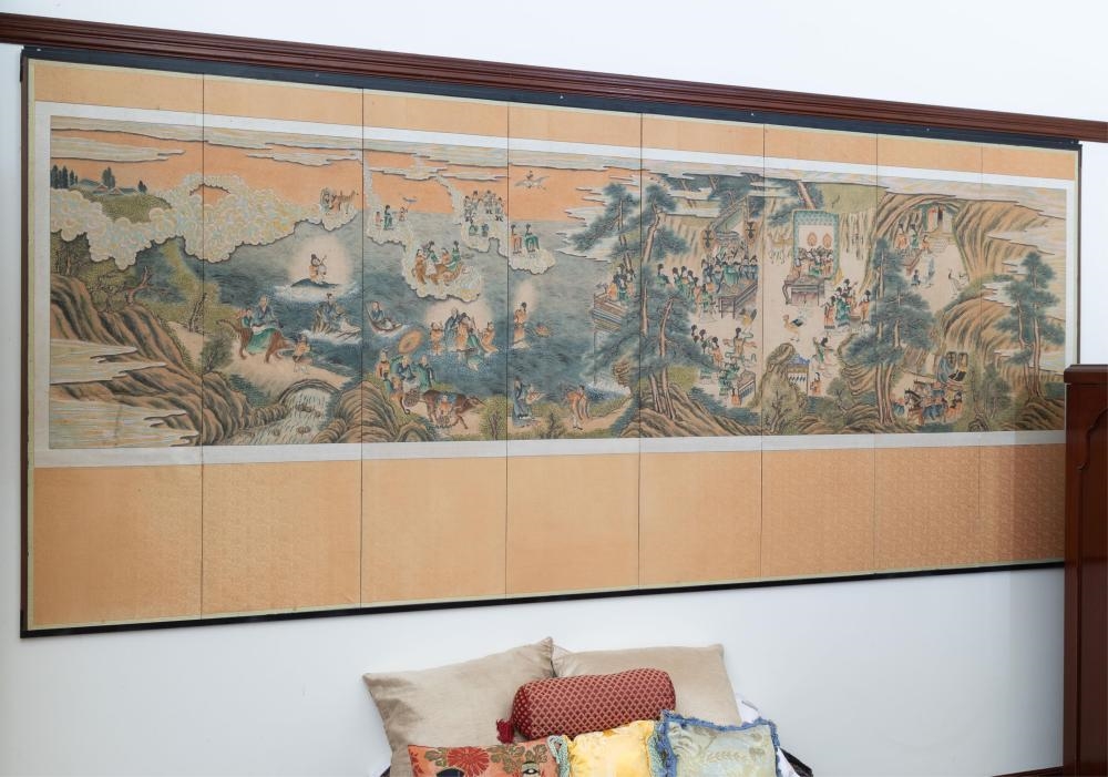 Chinese School | An eight panel Chinese screen depicting immortals, in ...