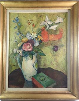 I Hess - 20th century German oil still life flowers in a jug, 63 x 48cm - I. Hess
