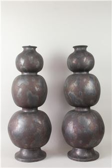 Pair of 3.5ft Triple Gourd Iridescent Black Ceramic Floor Sculptures by Jean Roger - Jacques Roger