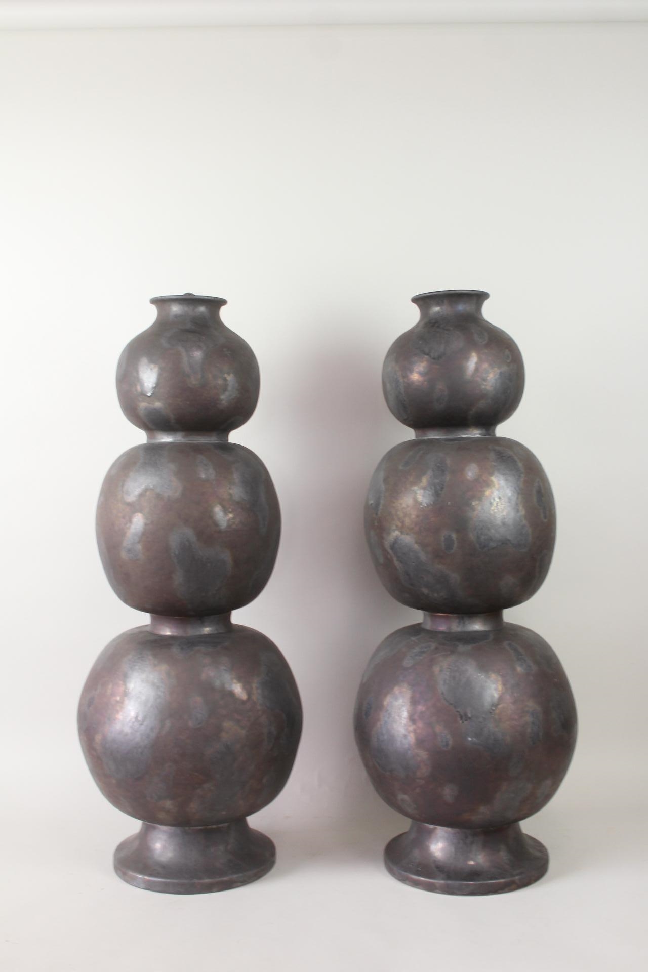 Artwork by Jacques Roger, Pair of 3.5ft Triple Gourd Iridescent Black Ceramic Floor Sculptures by Jean Roger, Made of Black Ceramic