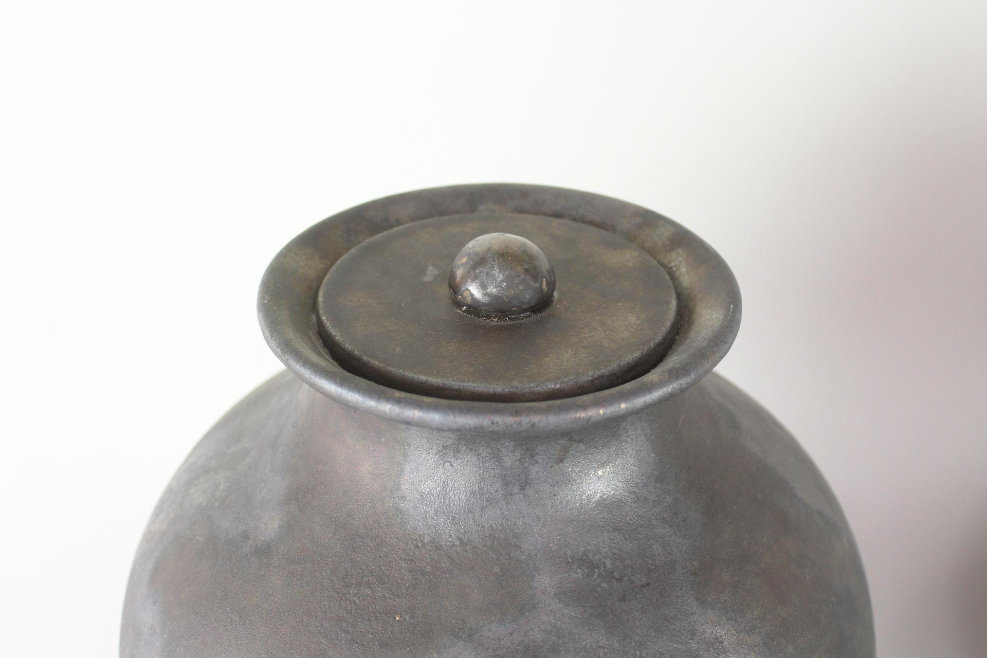 Artwork by Jacques Roger, Pair of 3.5ft Triple Gourd Iridescent Black Ceramic Floor Sculptures by Jean Roger, Made of Black Ceramic