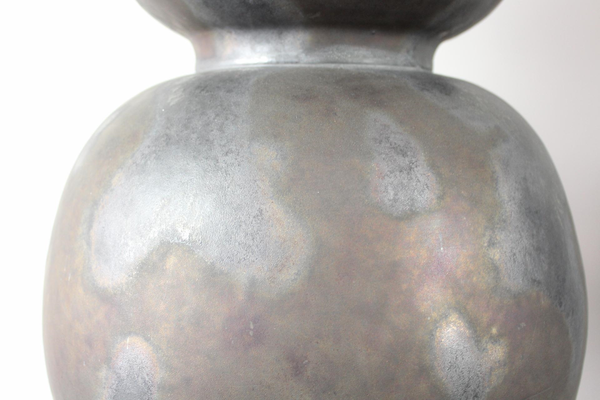 Artwork by Jacques Roger, Pair of 3.5ft Triple Gourd Iridescent Black Ceramic Floor Sculptures by Jean Roger, Made of Black Ceramic