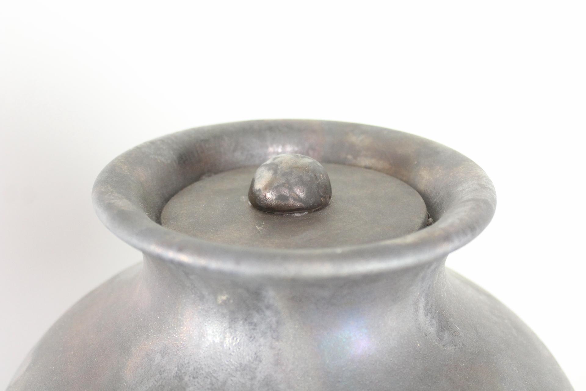 Artwork by Jacques Roger, Pair of 3.5ft Triple Gourd Iridescent Black Ceramic Floor Sculptures by Jean Roger, Made of Black Ceramic