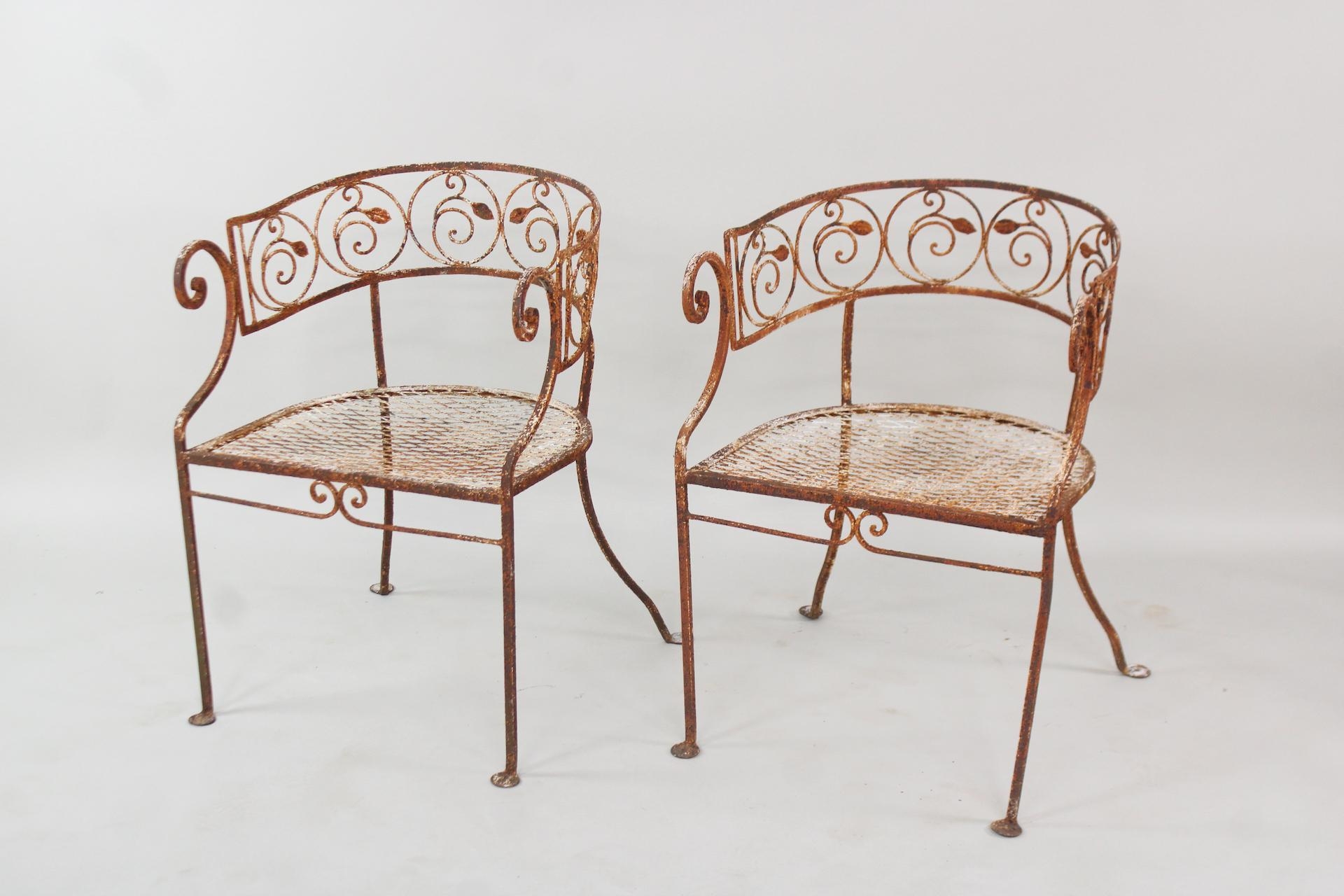 Normal | Pair of Wrought Iron Barrel Back Scroll Arm Chairs, Vine Leaf ...