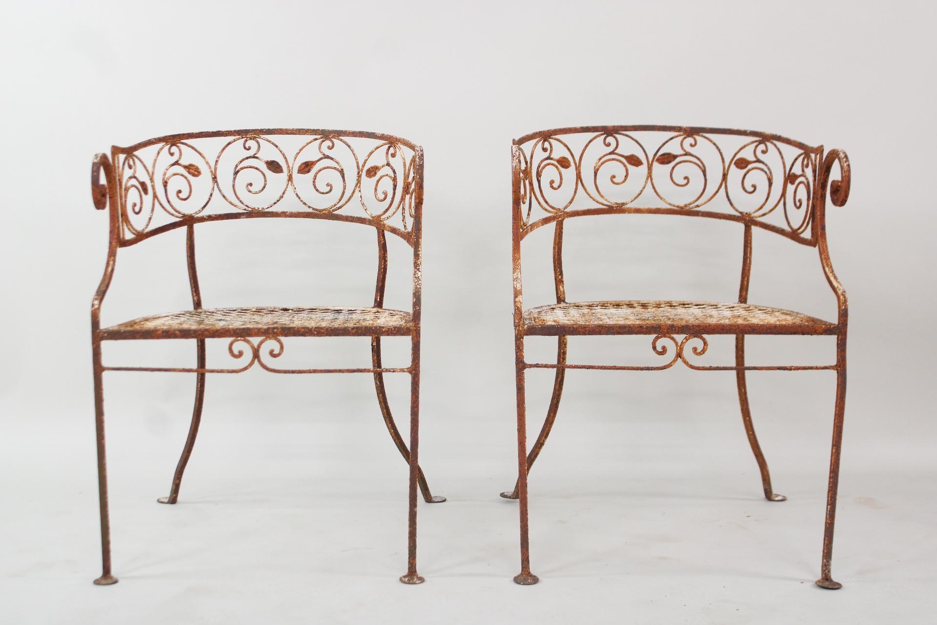 Normal | Pair of Wrought Iron Barrel Back Scroll Arm Chairs, Vine Leaf ...