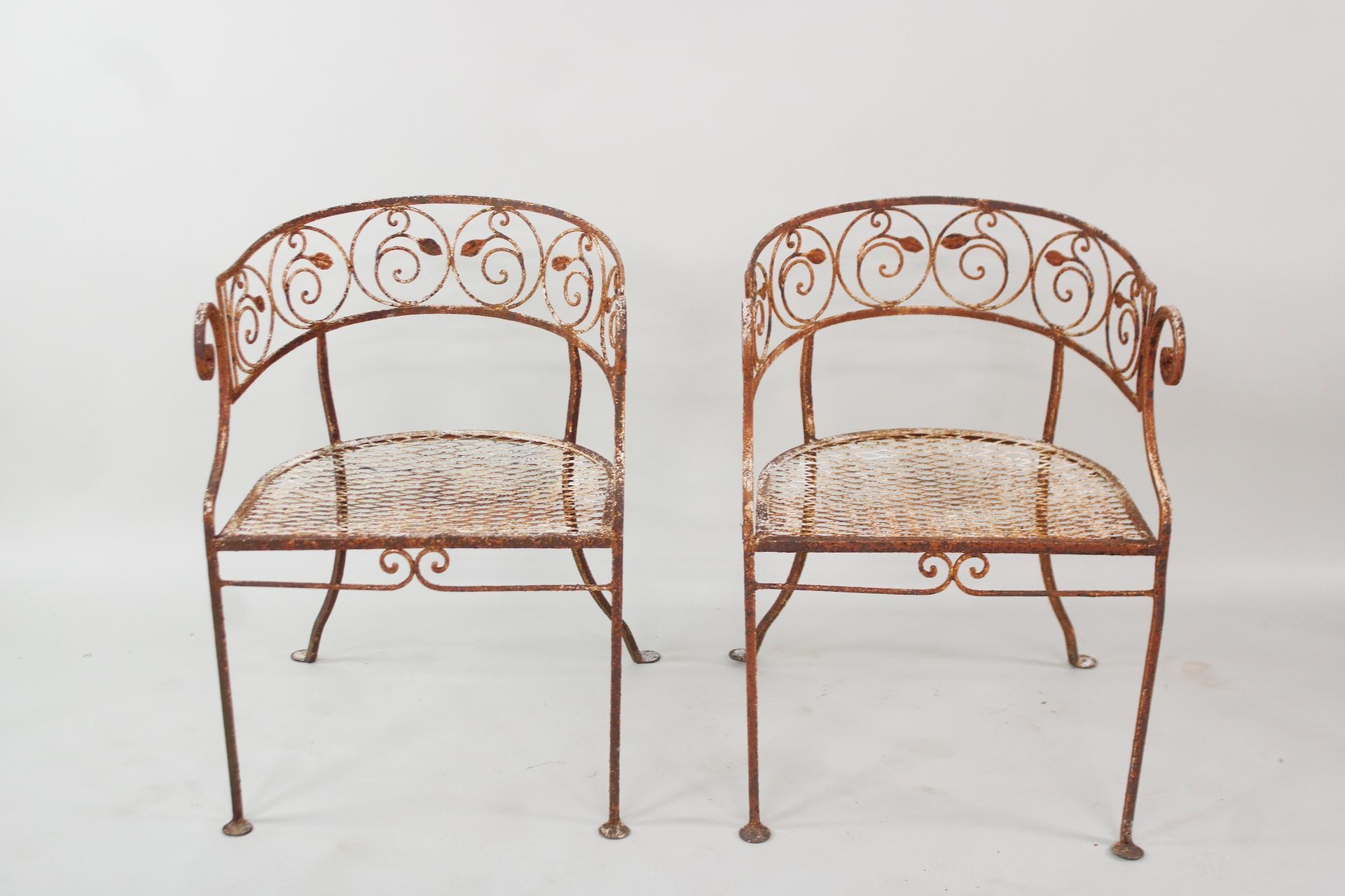 Normal | Pair of Wrought Iron Barrel Back Scroll Arm Chairs, Vine Leaf ...
