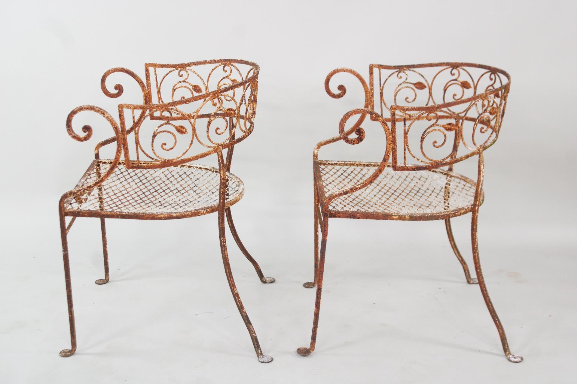 Normal | Pair of Wrought Iron Barrel Back Scroll Arm Chairs, Vine Leaf ...