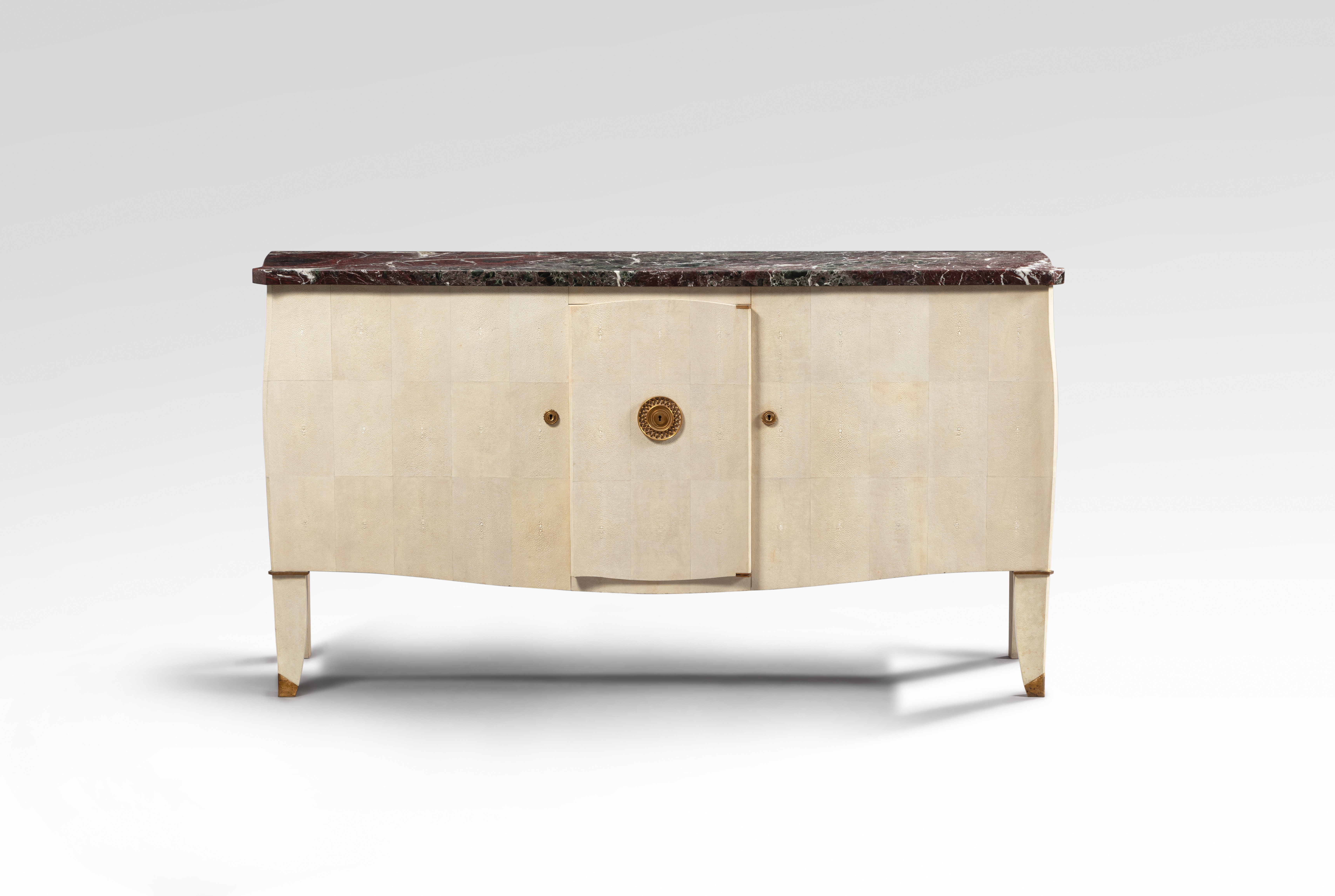 Artwork by Jules Leleu, Cabinet, Made of Oak covered in shagreen, Rosso Levante marble, gilt bronze, brass, sycamore and mahogany