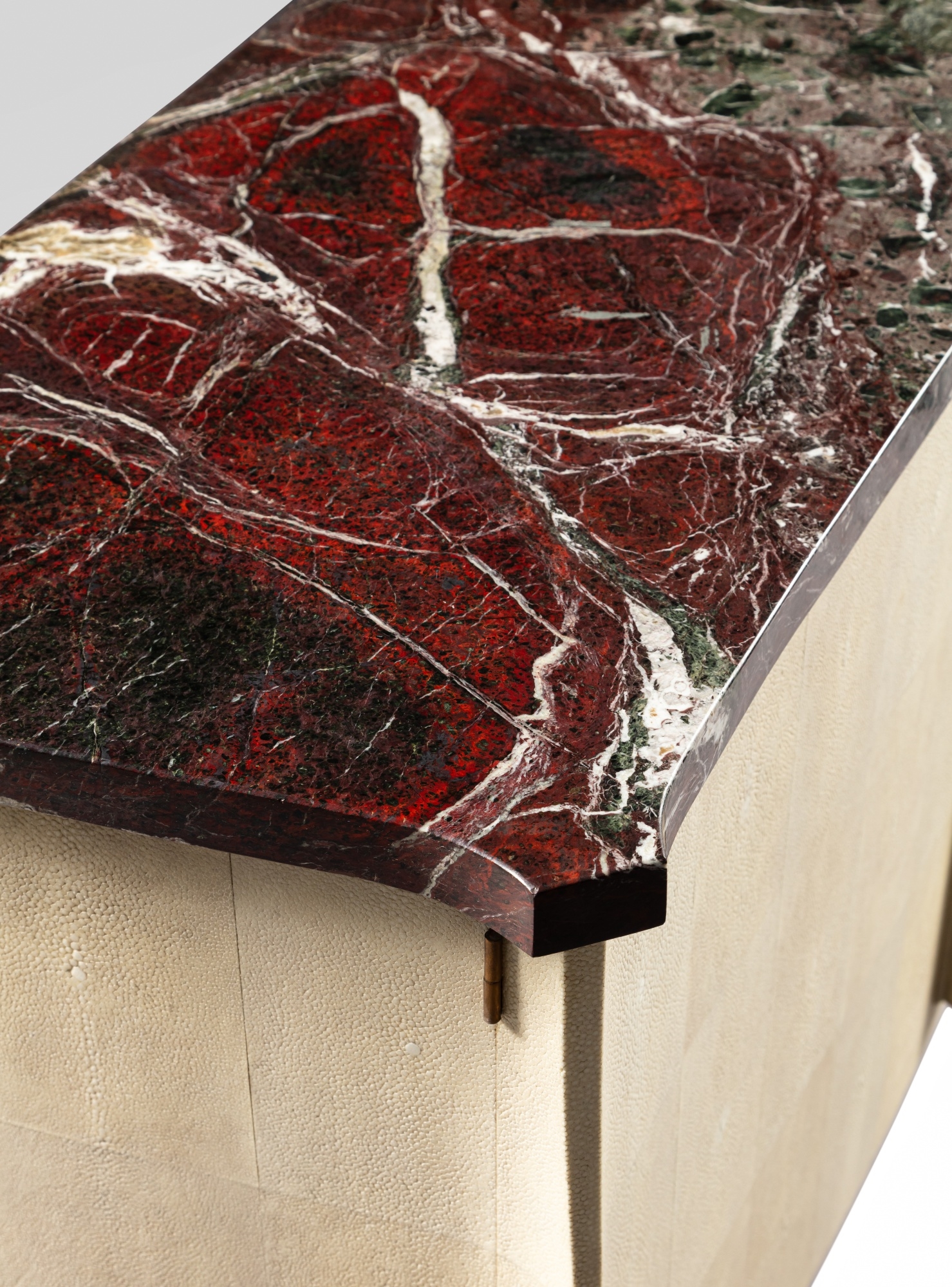 Artwork by Jules Leleu, Cabinet, Made of Oak covered in shagreen, Rosso Levante marble, gilt bronze, brass, sycamore and mahogany