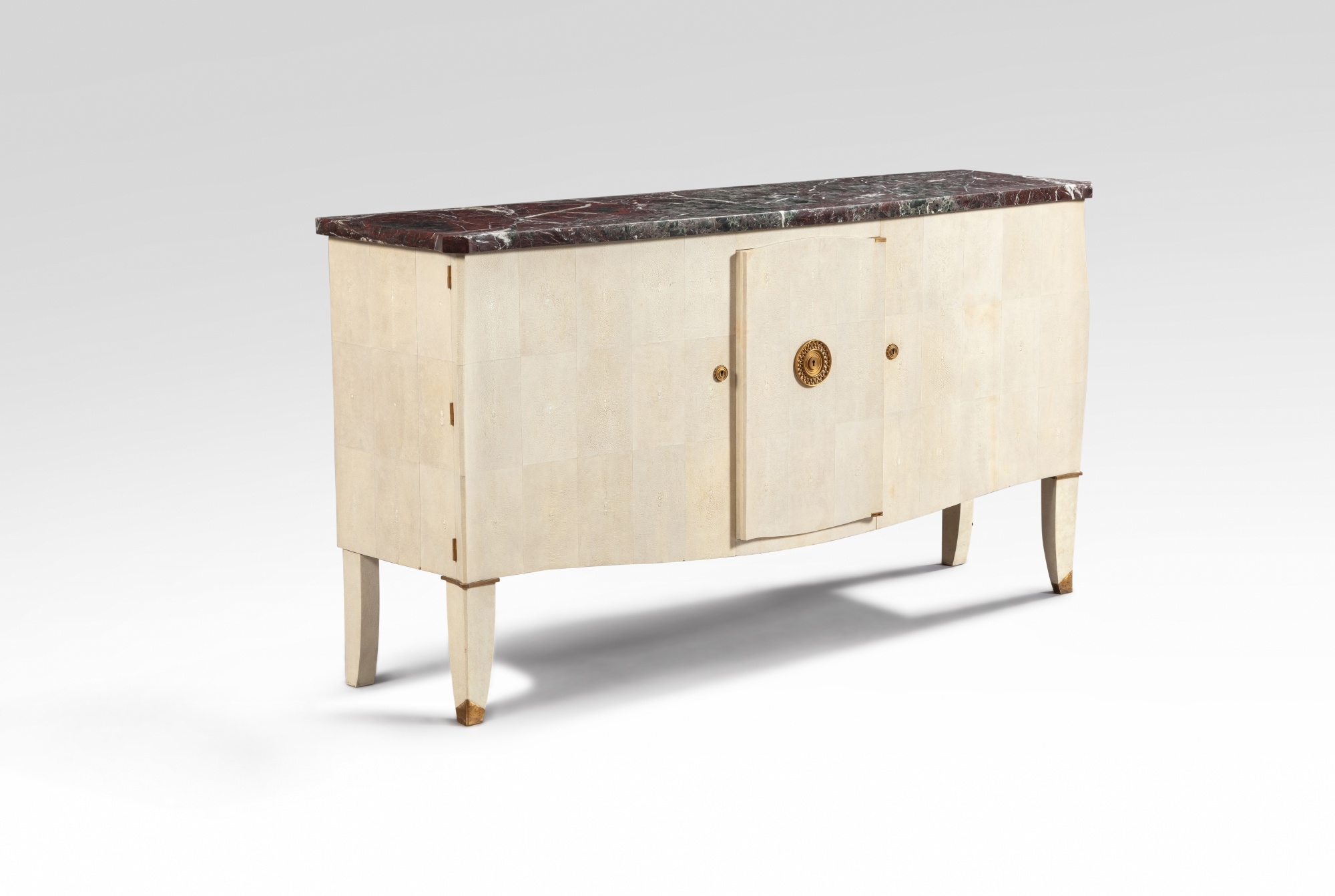 Artwork by Jules Leleu, Cabinet, Made of Oak covered in shagreen, Rosso Levante marble, gilt bronze, brass, sycamore and mahogany