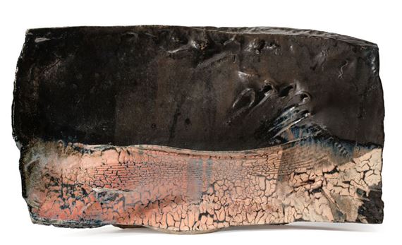 1944) "Large sculpture in black, ochre and gray enameled stoneware, with relief decoration of cracks and fissures - Claude Champy