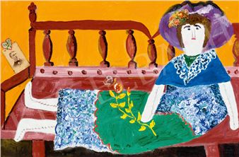 A colorful painting of a figure reclining on a bed with a vibrant floral arrangement.