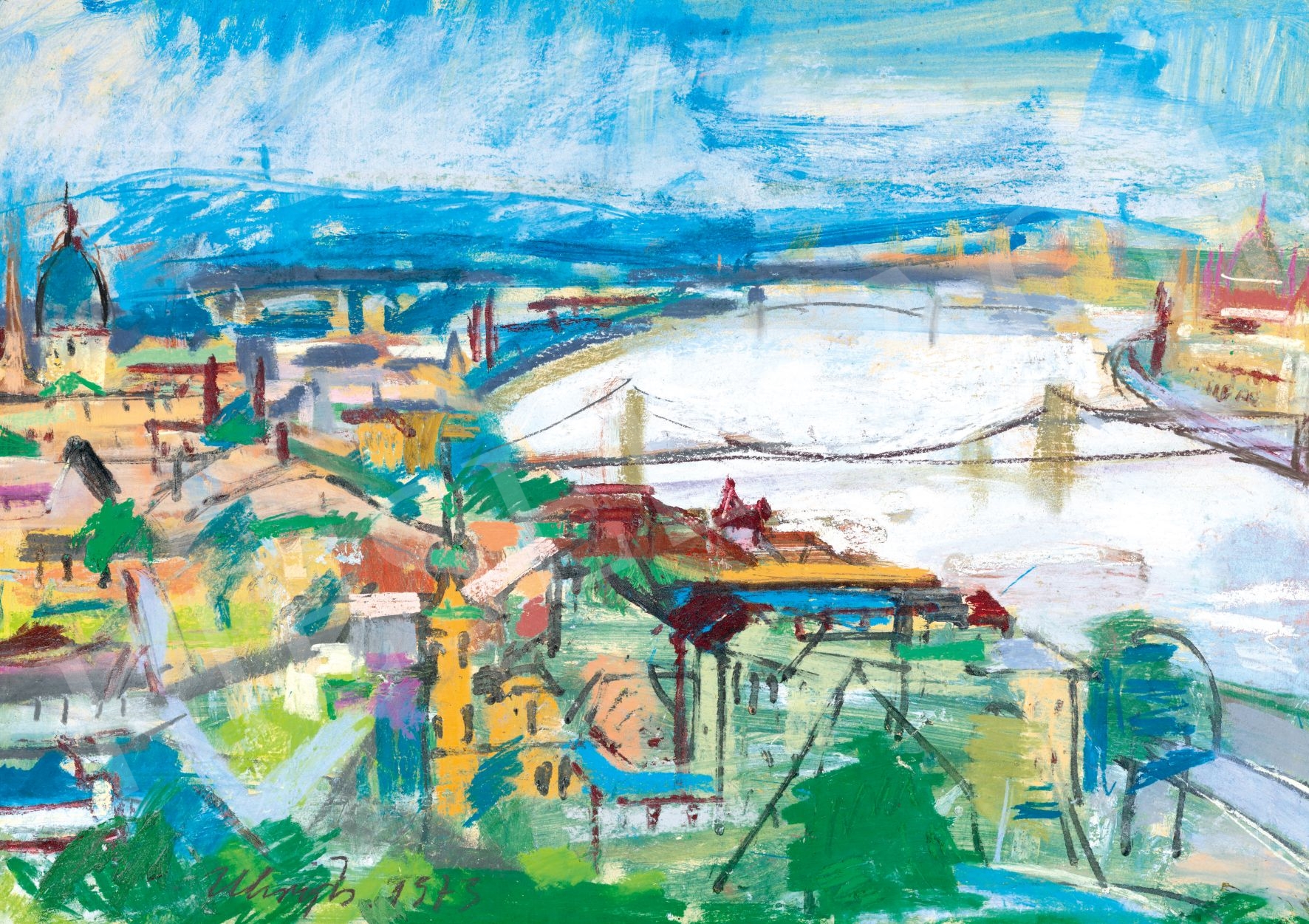 Artwork by Zsigmond Uhrig, View of Budapest, Made of Mixed technique on fibre board