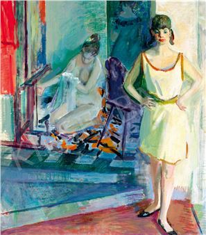 Model in front of a Depiction of Her (In the Studio - Győző Fáy