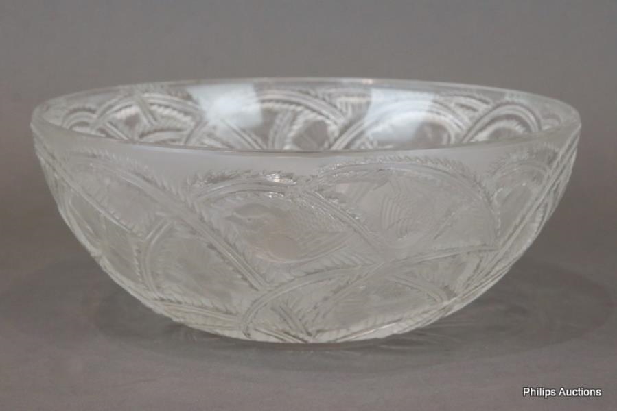 Artwork by René Lalique, A LALIQUE 'PINSONS' GLASS BOWL, Made of Pins