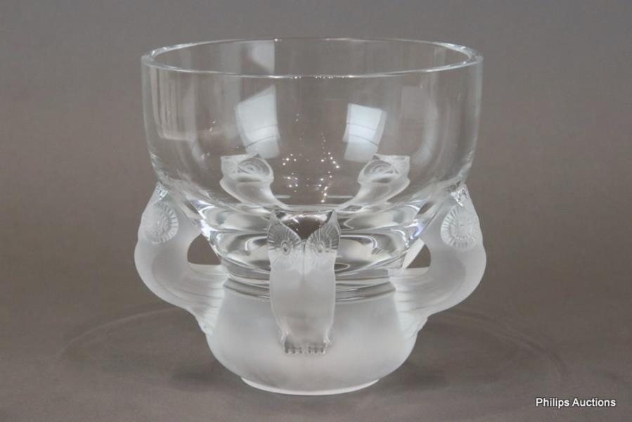 Artwork by René Lalique, A LALIQUE 'HIBOUX' CRYSTAL VASE, Made of frosted crystal