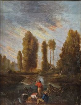 Fishermen by a lake - A. Barbier