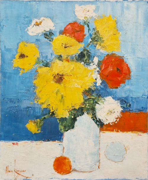Artwork by Alain Rousseau, Flowers in a white vase, Made of Oil on canvas
