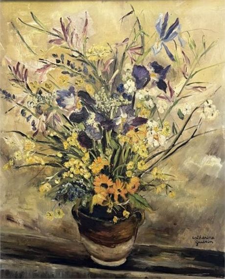 CATHERINE GUERIN (20th) Bouquet of flowers in an enameled pot by Catherine Guerin