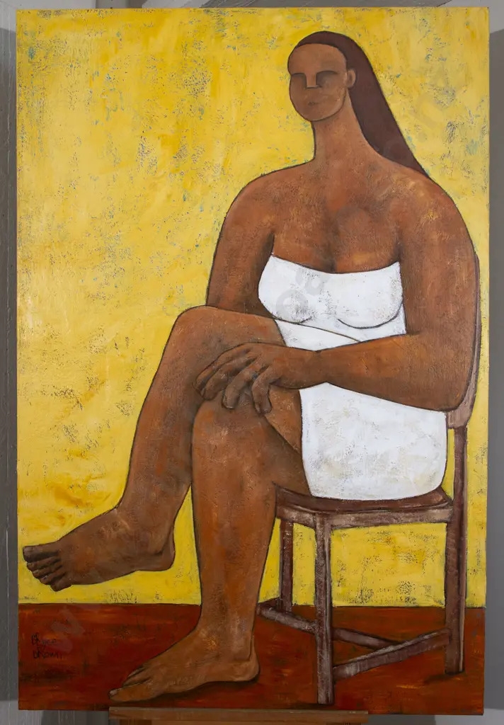 Artwork by Brice Brown, Woman Seated with Closed Legs, Made of mixed media on canvas