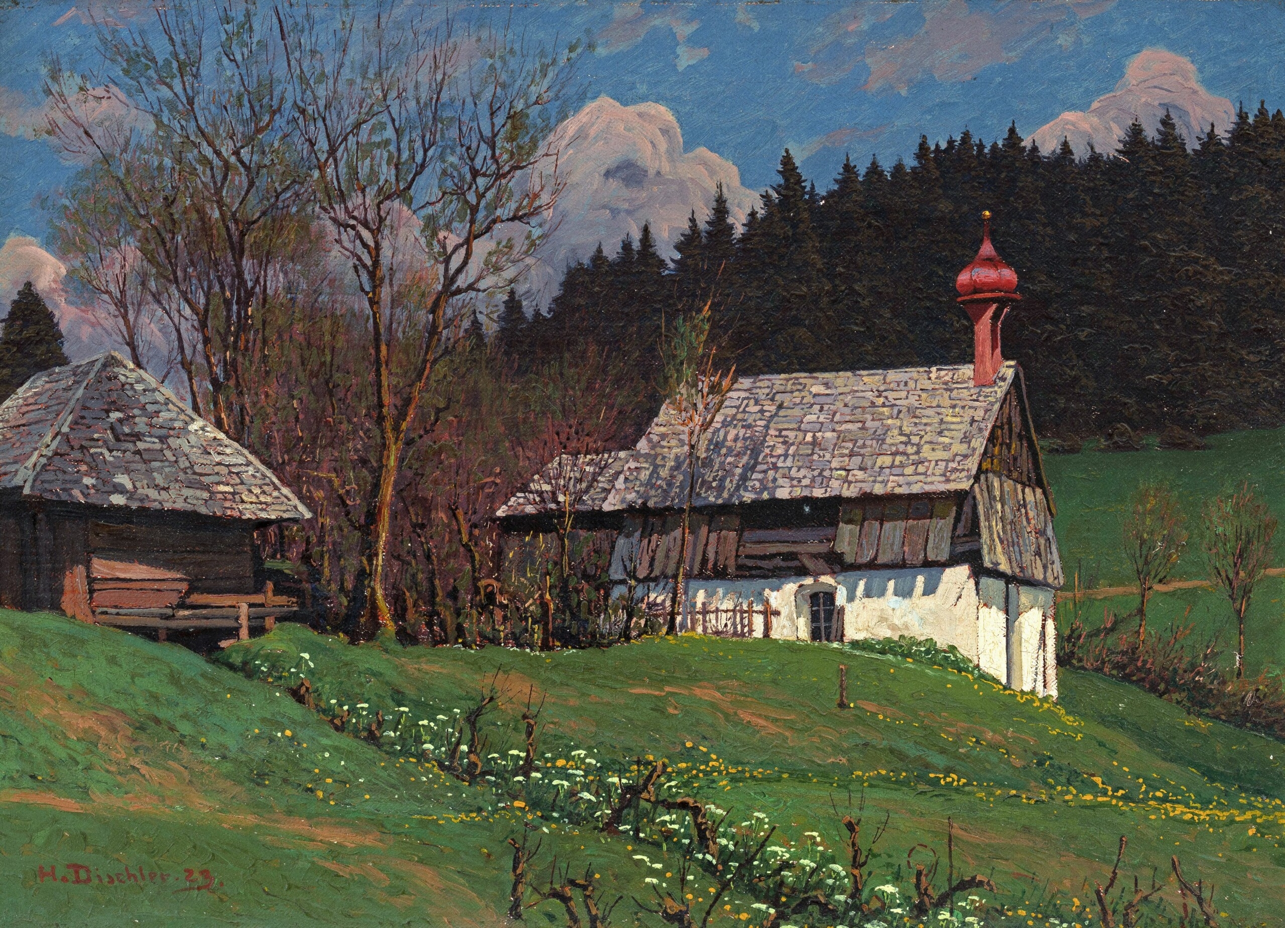 Artwork by Hermann Dischler, "Kapelle am Heselhof (?), Schwärzenbach", Schwarzwald, Made of oil on canvas