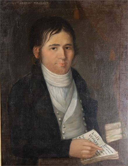 Portrait de Jean-Marie Durand, avoué au tribunal civil de Moutier, né 25 septembre 1775, âgé de 26 ans et 6 mois, tenant un code civil, 1802 - Tosi