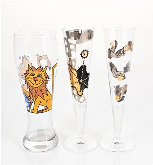 Pair of Ritzenhoff champagne flutes; 'Seymour Chwast' no. 23261, and 'Mark Oliver' no. 23265, ca. 1999, with a beer glass by Herman Reichold - Herman Reichold