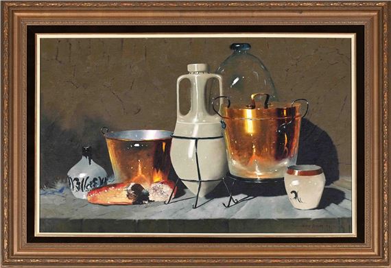 Hennie Griesel (South Africa, 1931 - 2015), Still Life with Copper Vessels, Glass, Ceramics and Bread by Hennie Griesel, dated 1982
