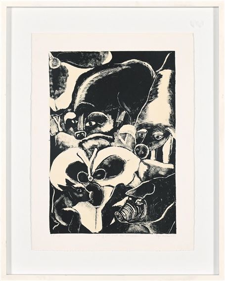 A black and white print featuring a chaotic composition of animal heads and faces.