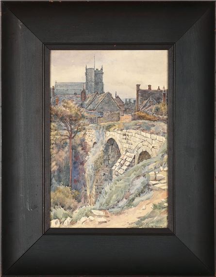 Elizabeth Drake (England, 1866 - 1954), Bridge with Houses and Cathedral by Elizabeth Drake