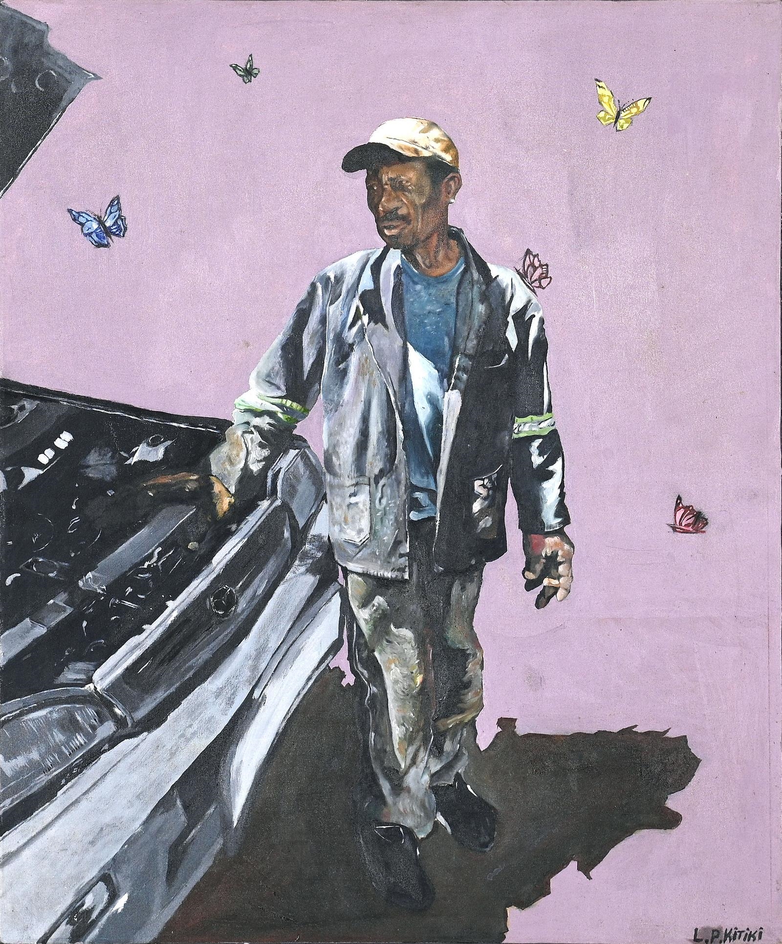 Artwork by Lucas Kitiki, Lucas Kitiki (South Africa, 1998 - ), Mechanic with Butterflies, Made of oil on canvas