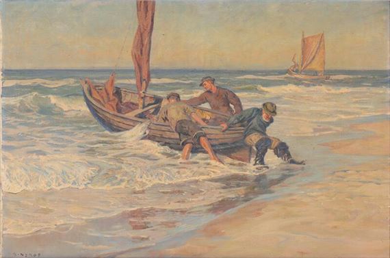 Skagensfiskere sætter jollen i vandet by Borge C. Nyrop