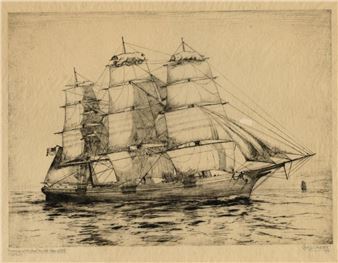 A detailed etching of a three-masted sailing ship navigating calm waters.