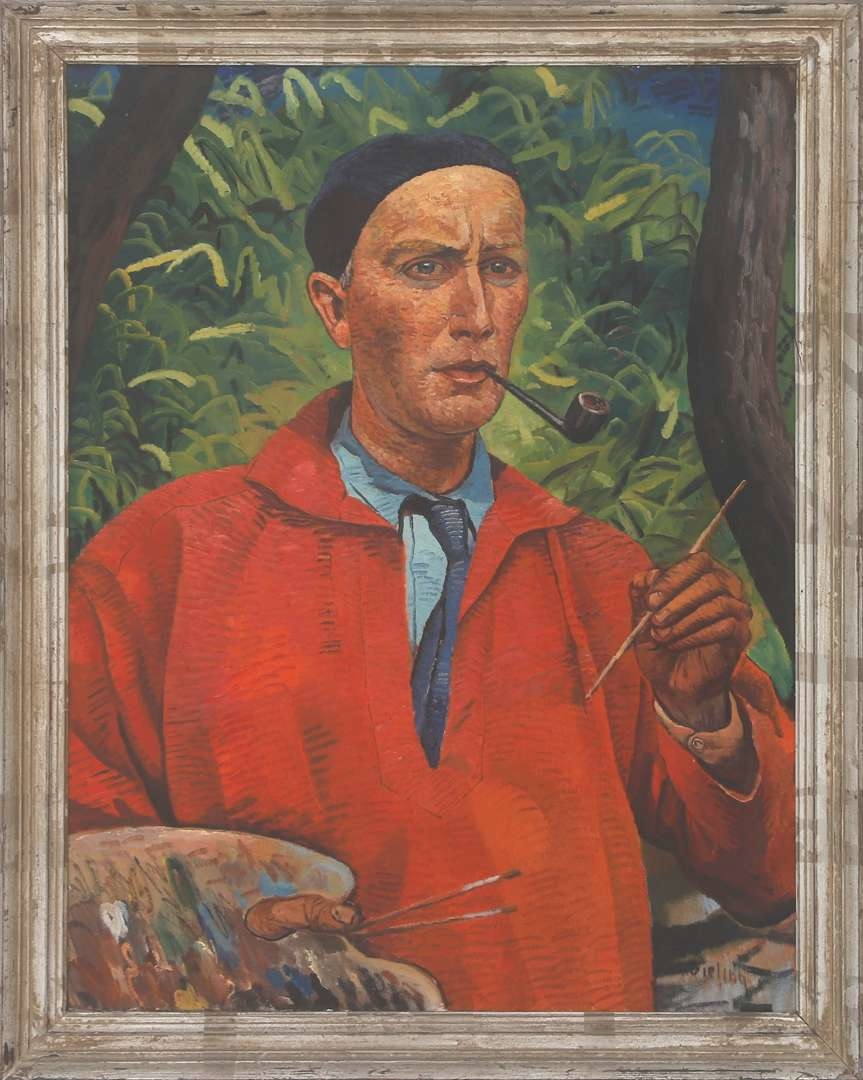 Herman Bieling | Self portrait with palette and pipe | MutualArt