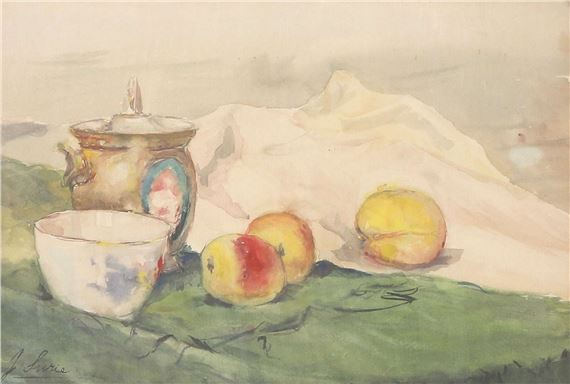 'Still life with porcelain cup and peaches - Jacoba Surie